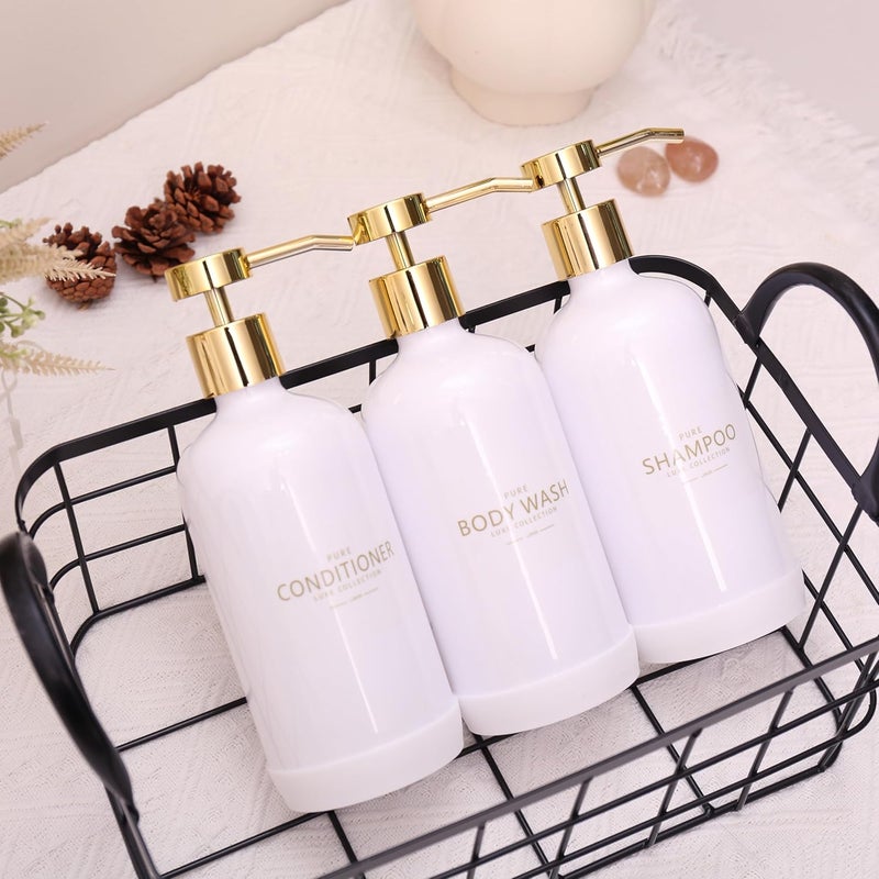 Janxin Shampoo and Conditioner Dispenser Set of 3,Refillable 20.5OZ Shampoo Bottles with Non-Slip Protective Silicone Pad,Shower Soap Dispenser with Waterproof Labels for Bathroom (White) - Image 4